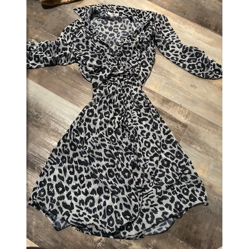 She + Sky Leopard Print Shirt Dress Black White Long Sleeve Waist Tie Large